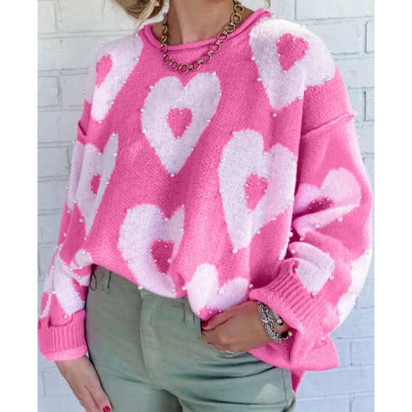 Vday Valentine’s Pink Loose Fit Faux Pearl Heart Sweater